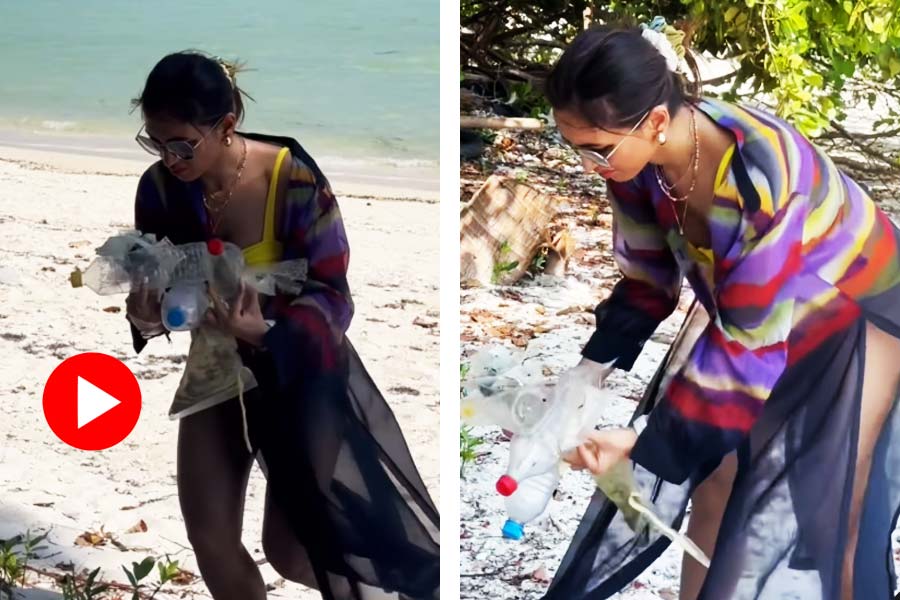 Mimi Chakraborty collects plastic from sea beach on earth day