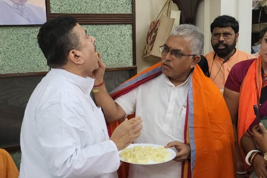 Celebration of birthday of BJP leader Dilip Ghosh inside the chamber of Leader of Opposition Suvendu Adhikari in West Bangal Assembly