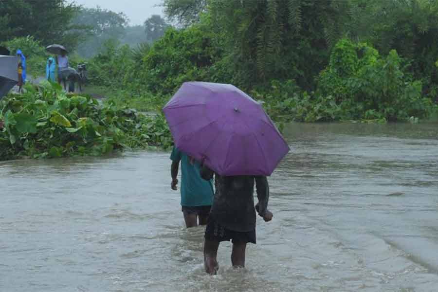 বন্ধ সিউড়ি-কোমা রাস্তা। ল’বাগান এলাকায় চন্দ্রভাগা নদীর জল বইছে ভাসাপুলের উপর দিয়ে। শুক্রবার। নিজস্ব চিত্র