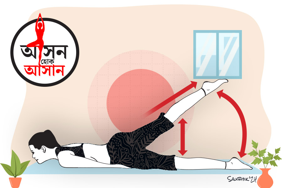 Half Locust Pose, a simple backbend posture in Yogasana to try before Durga Puja