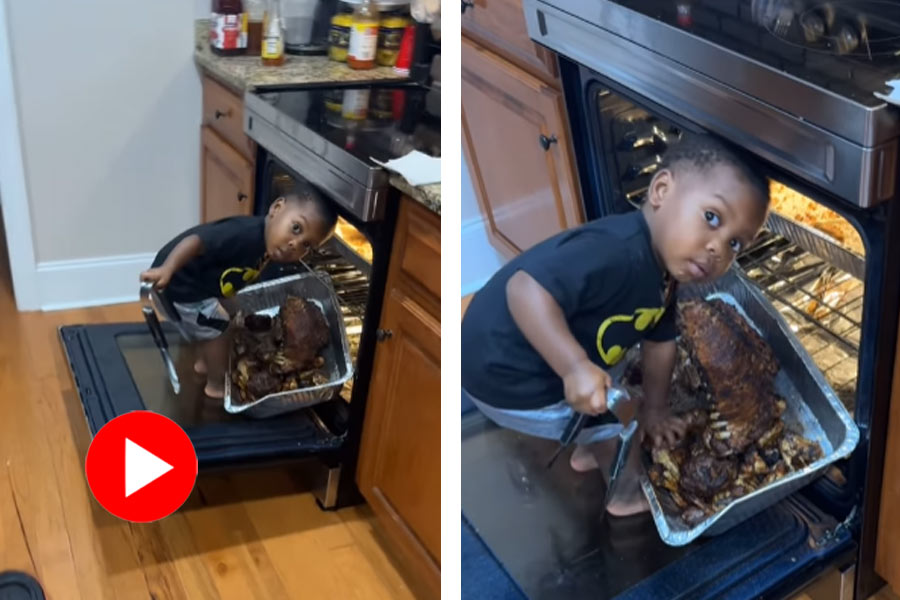 Video of kid scolded by father as he try to take out meat from oven