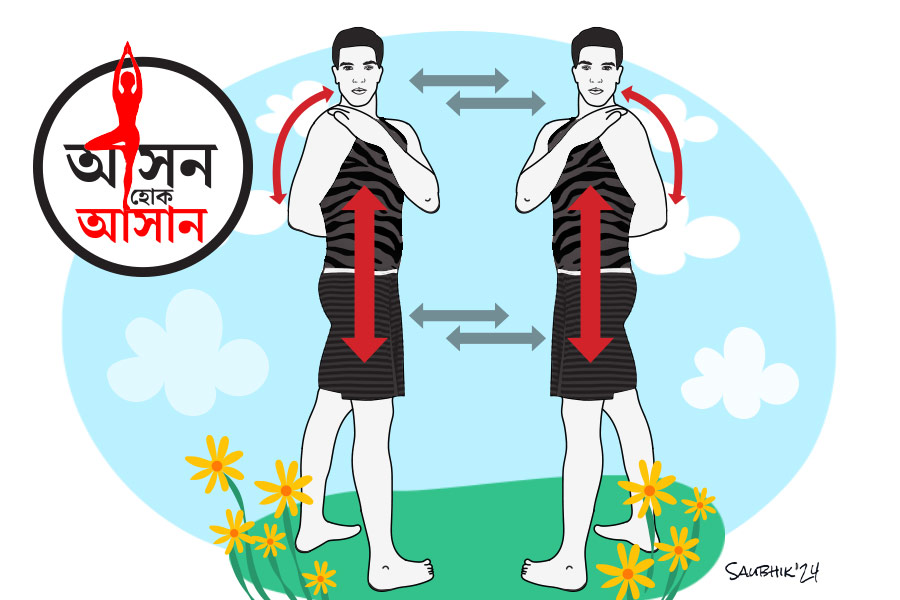 Standing spinal twist pose in Yogasana to try before Durga Puja