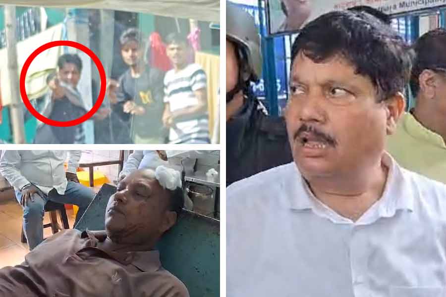 বাঁ দিকে উপরে, গুলি করার দৃশ্য। নীচে, হাসপাতালের শয্যায় চিকিৎসাধীন আহত বিজেপি নেতা। ডান দিকে, ঘটনাস্থলে পৌঁছনোর পরে অর্জুন সিংহ। বুধবার। ভাটপাড়ায়।