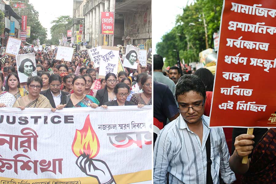 (বাঁ দিকে) আর জি কর কাণ্ড নিয়ে কলকাতায় ‘অঙ্গীকার মিছিল’ এবং ‘পথের দাবি’ শীর্ষক প্রতিবাদে সুচেতন ভট্টাচার্য (ডান দিকে)।