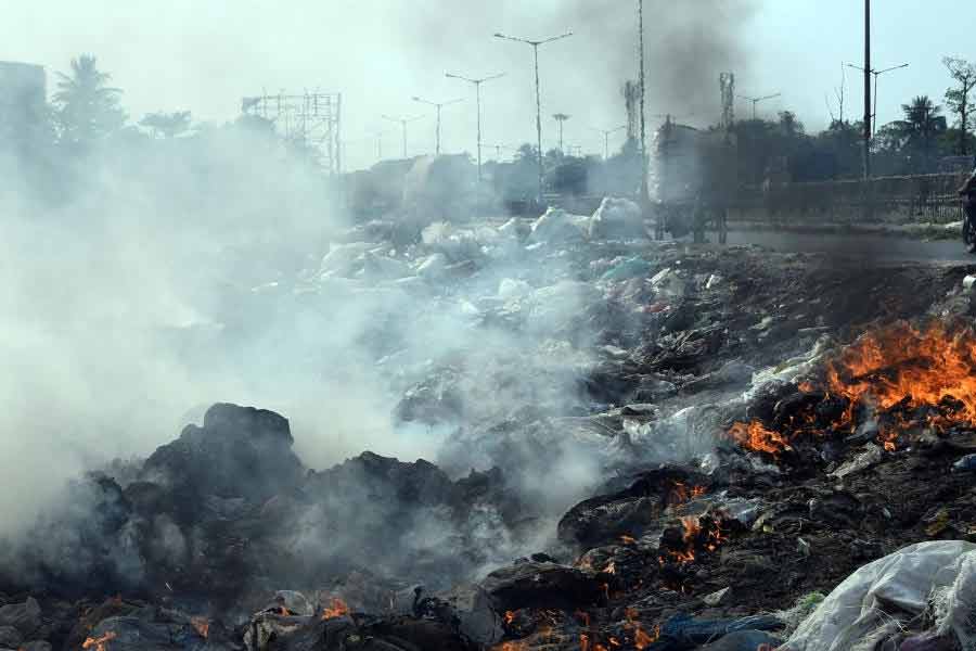 ধোঁয়াচ্ছন্ন: জাতীয় সড়কের পাশে ফেলে যাওয়া শিল্প-বর্জ্যে আগুন ধরিয়ে দেওয়ায় দূষণে ভরে যাচ্ছে এলাকা। হাওড়ার রানিহাটির কাছে।