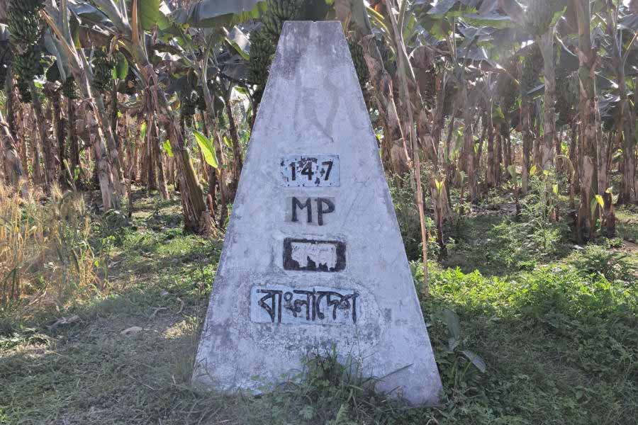 মুরুটিয়ার ফুলবাড়ী বিএসএফ ক্যাম্প সংলগ্ন কাঁটাতার পেরিয়ে সীমান্ত স্তম্ভ।