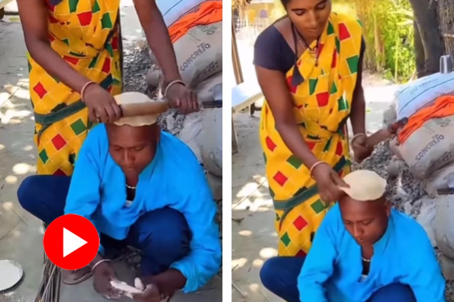 Wife makes roti on the bald head of her husband, video went viral