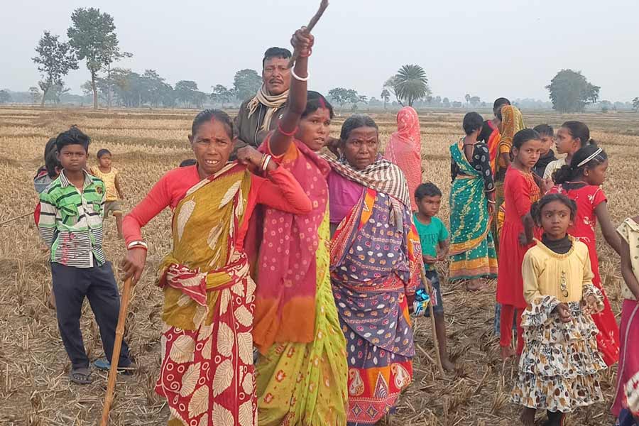 লাঠি হাতে ঘুরছেন মহিলারা। বামুনডিহা গ্রামে।