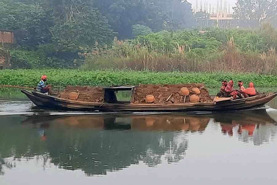 মাটি কেটে চূর্ণী নদী পথে ট্রলারে করে নিয়ে যাওয়া হচ্ছে ইটভাটায়। সোমবার সকালে। রানাঘাটে।