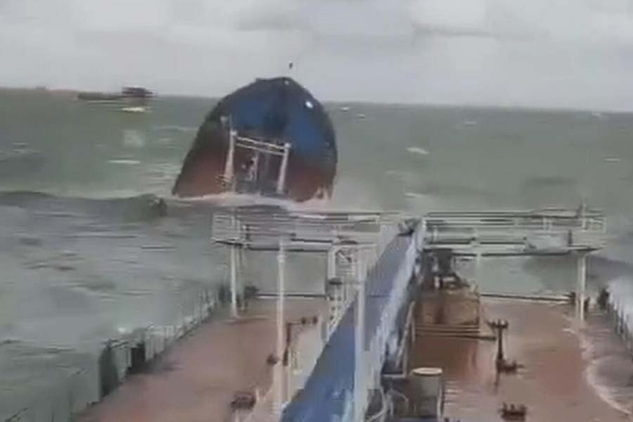 A Russian oil tanker carrying oil products split apart in sea during a heavy storm