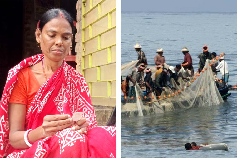 (বাঁ দিকে) মৎস্যজীবী ছেলে বাড়ি ফিরবে, অপেক্ষায় মা। মাছ ধরছেন মৎস্যজীবীরা (ডান দিকে)।