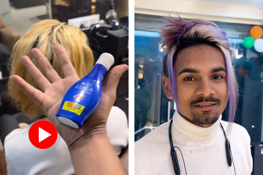 Stylist experiments with client, uses Ujala to dye his hair