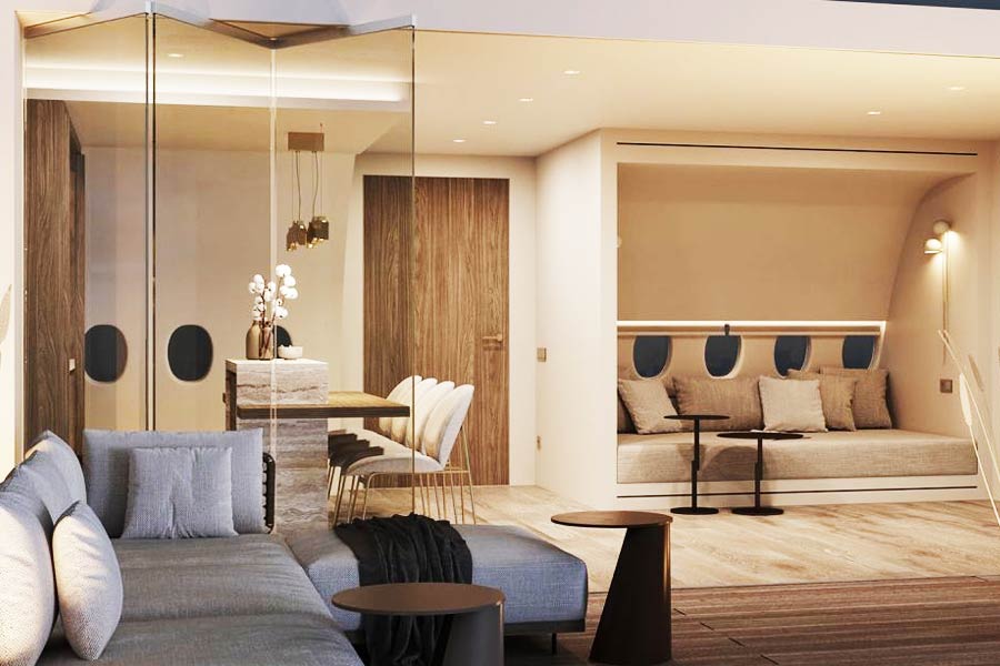 দরজা খুলে ভিলার অন্দরমহলে প্রবেশ করলেই সামনের ঘরে একটি ডাইনিং রুম এবং অতিথিদের বসার জায়গা। সামনে দেওয়াল জুড়ে কাচের দরজা। সমুদ্রের অপূর্ব দৃশ্য দেখা যায় সেখান থেকে।