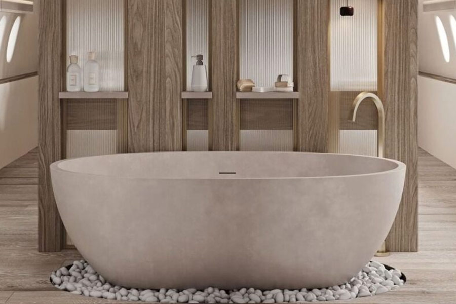 বেডরুমের মধ্যে রয়েছে একটি ছোট বাথটাব। বাথটাবের সামনে রয়েছে কাচের জানলা। যেখান থেকে সমুদ্র দেখা যায়।