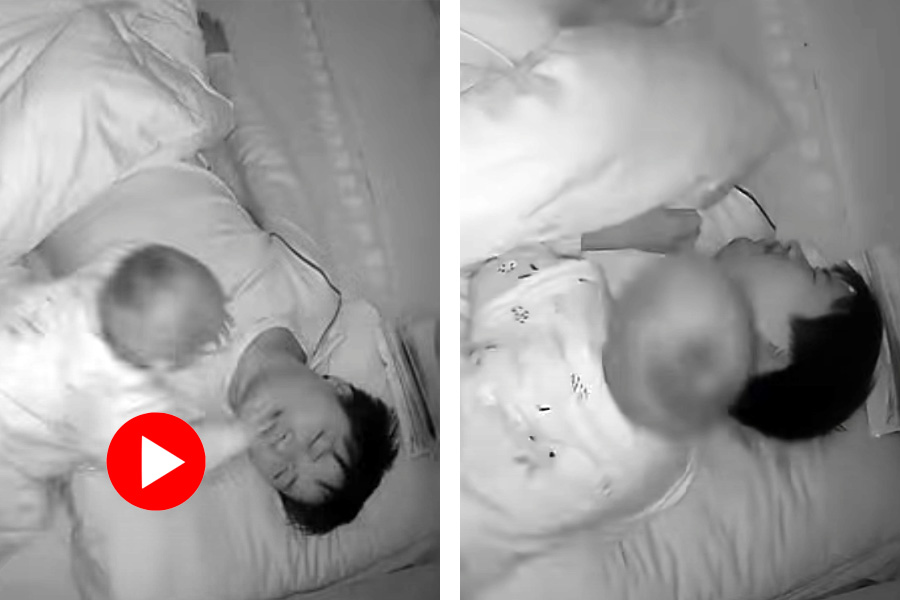 Toddler slaps on father\\\\\\\'s face to stop him from snoring.