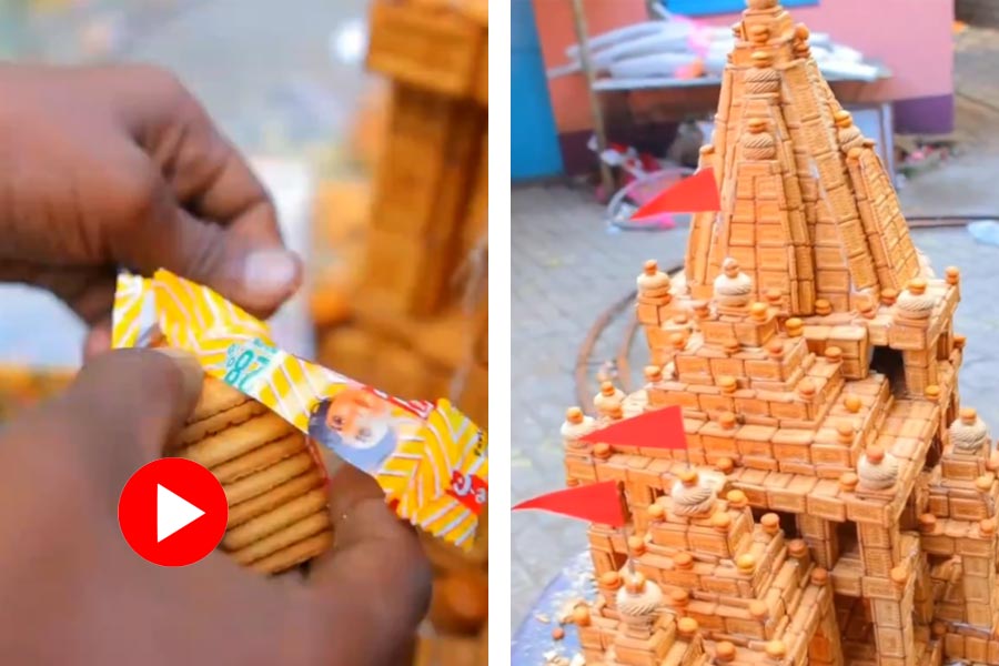 Man from West Bengal makes replica of Ram Mandir with 20 Kg of biscuits.