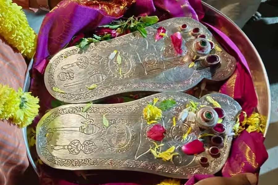 তেলঙ্গানা থেকে এসেছে রামের সোনার পাদুকা। ৬৪ বছরের বৃদ্ধ ছল্লা শ্রীনিবাস শাস্ত্রী তাঁর করসেবক বাবার স্বপ্নপূরণের জন্য ওই সোনার পাতে মোড়া পাদুকা নিয়ে ৮০০০ কিলোমিটার পথ হেঁটে পৌঁছেছেন রামভূমিতে। নিজের হাতে উপহার রামমন্দির কর্তৃপক্ষের হাতে তুলে দেবেন বলে।