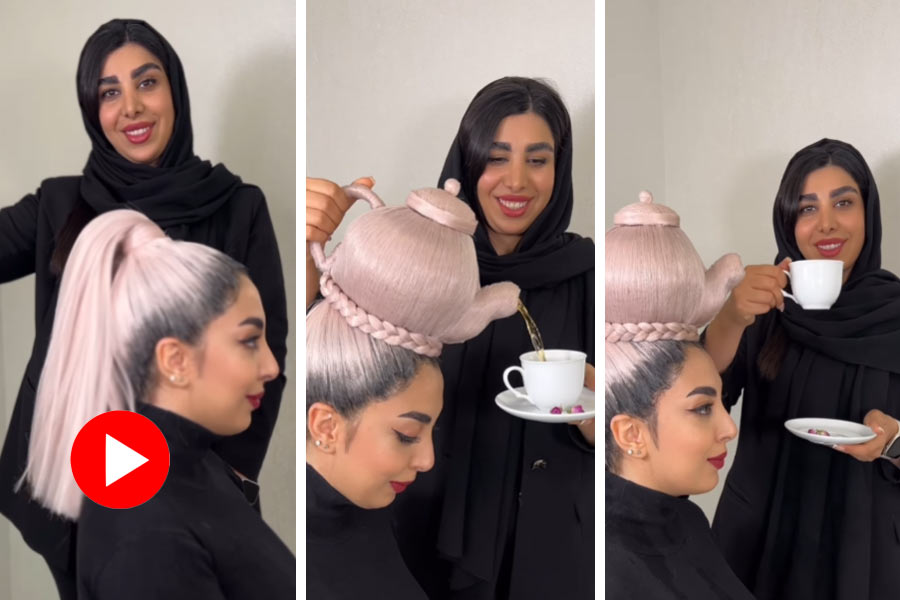 Video of tea pot-inspired Hairstyle of Iranian stylist