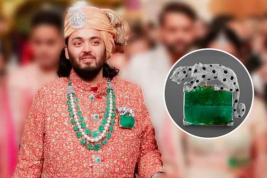 এমারেল্ড প্যান্থার ব্রোচ: বিয়ের সময়ে অনন্তের পোশাকে দেখা গিয়েছিল সবুজ রঙের পান্না বসানো ব্রোচটি। প্রায় ৭২০ ক্যারেট জ়াম্বিয়ান পান্নার উপর বসানো হয়েছে একটি প্যান্থার। বিশেষ এই ব্রোচটি দাদার থেকে উপহার হিসাবে পেয়েছেন অনন্ত।  