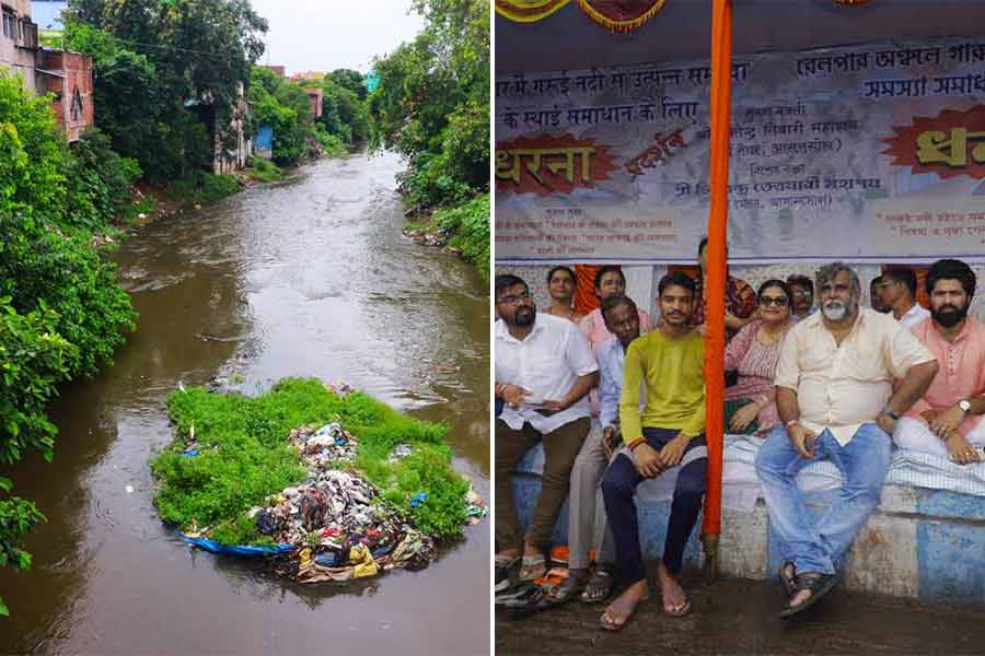 আসানসোলের গারুই নদী (বাঁ দিকে), আসানসোলে অবস্থানে জিতেন্দ্র তিওয়ারি (ডান দিকে)।