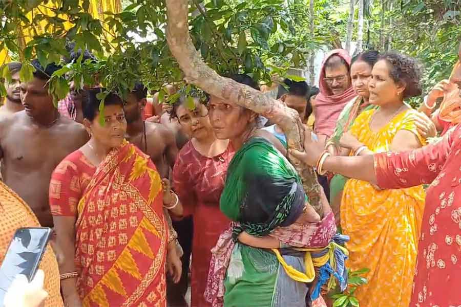 গাছে বাঁধা মহিলাকে ঘিরে ভিড়। বুধবার গোবিন্দপুরে।