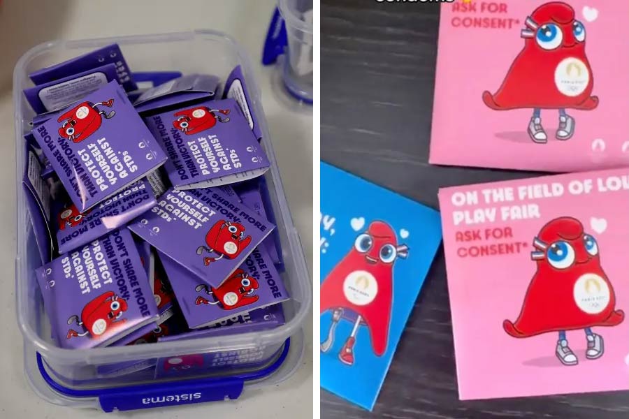 Athletes receive Olympics themed condoms after their arrival at Paris Olympic village dgtl