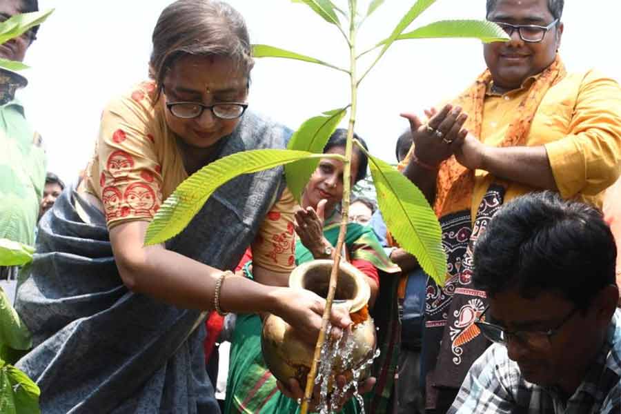 বিশ্ব পরিবেশ দিবসে তাঁতিপাড়া নবকিশোর বিদ্যানিকেতন চত্বরে বৃক্ষরোপণের পরে জল দিচ্ছেন জেলা জজ আরতি শর্মা (রায়)।