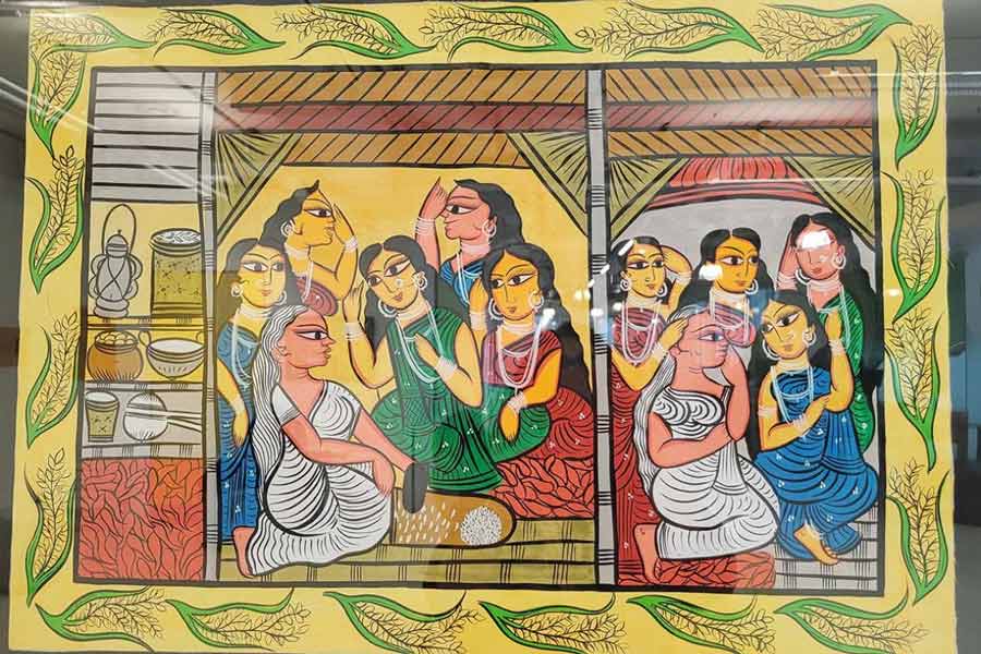 সময়চিত্র: ‘ক্ষুধার জ্বালা’ প্রদর্শনীতে পটচিত্র ও তথ্যবিবরণীর অংশ।