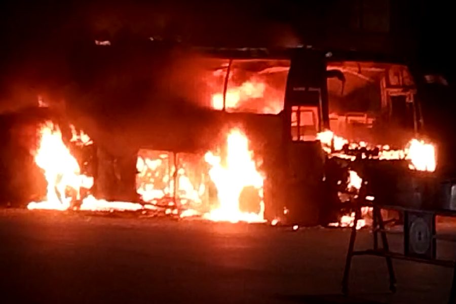 A bus standing on the side of the national highway near Maithon toll plaza in Jharkhand caught fire dgtld