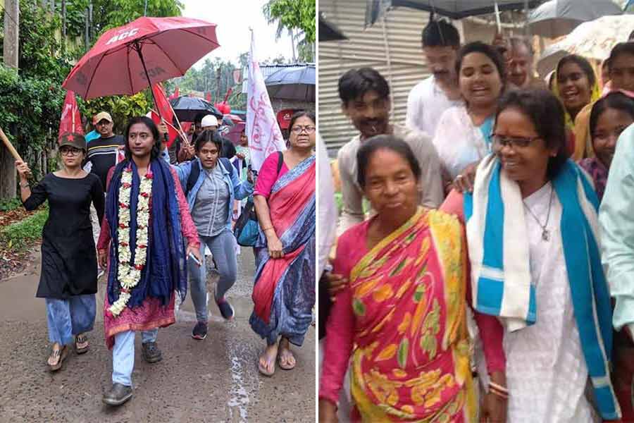 বৃষ্টিতে প্রচার শ্রীরামপুর লোকসভা কেন্দ্রের সিপিএম প্রার্থী দীপ্সিতা ধরের। জগৎবল্লভপুরের বেগড়িতে (বাঁ দিকে)।