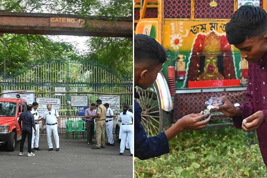 (বাঁ দিকে)রবীন্দ্র সরোবরে পুলিশের পাহারা, শব্দবাজি ফাটাচ্ছে কিশোরেরা (ডান দিকে)।