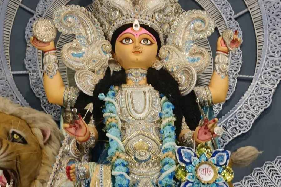 ৩। বোড় পঞ্চাননতলা- নীলাভ-সাদা সাজে অপরূপা প্রতিমা। এই বছর ৫১তম বর্ষে পা দিল বোড় পঞ্চাননতলার এই পুজো। 