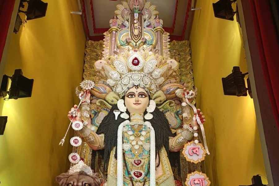 ৫। বেশোহাটা- পাট, শোলা এবং আরও অন্যান্য রকমারি সরঞ্জামে তৈরি সাজে স্বমহিমায় রঙিন দেবী জগদ্ধাত্রী। দর্শন পেতে কাতারে কাতারে ভিড় জমছে বেশোহাটায়।