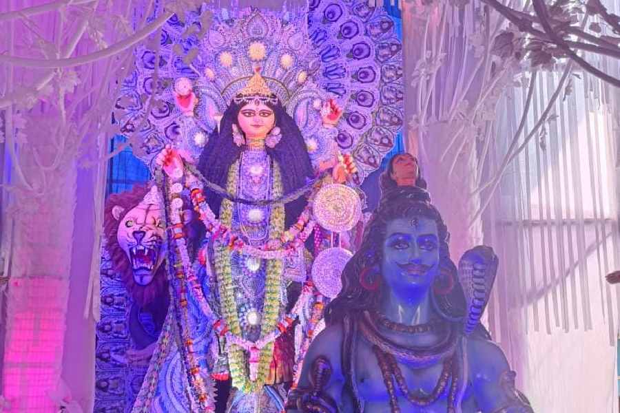 ৭। হরের পুকুর ধার- সামনে বসে আছেন সুবিশাল শিব, পিছনে দেবীর ঝলক! প্রতিমা দর্শনে ভিড় জমাচ্ছেন দর্শকেরা। 