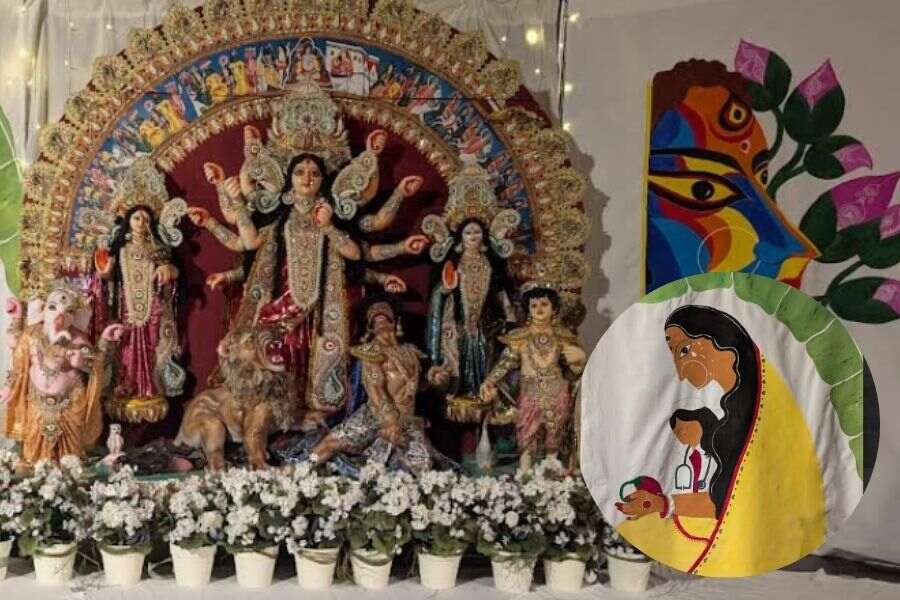 The doctor in the lap of Goddess Durga - a tribute of 'Abol Tabol'.
