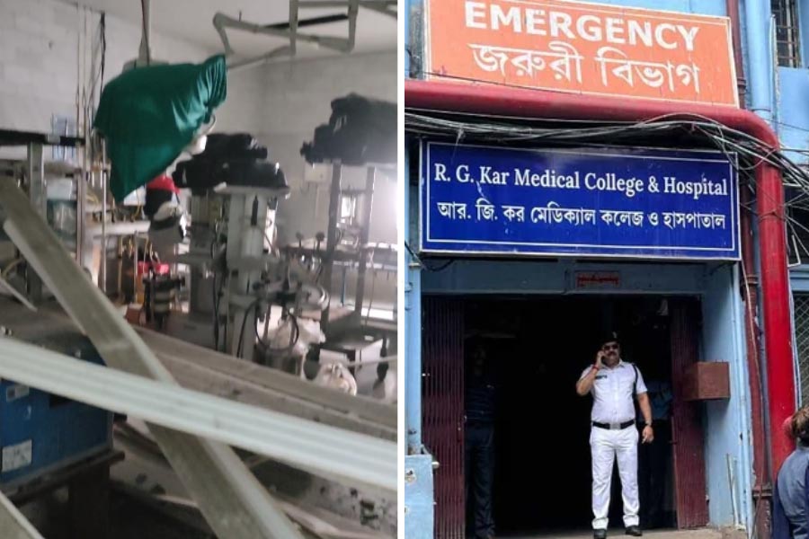 A part of false ceiling fell off at RG Kar Medical College and Hospital surgery department amidst ongoing renovation work by PWD dgtl