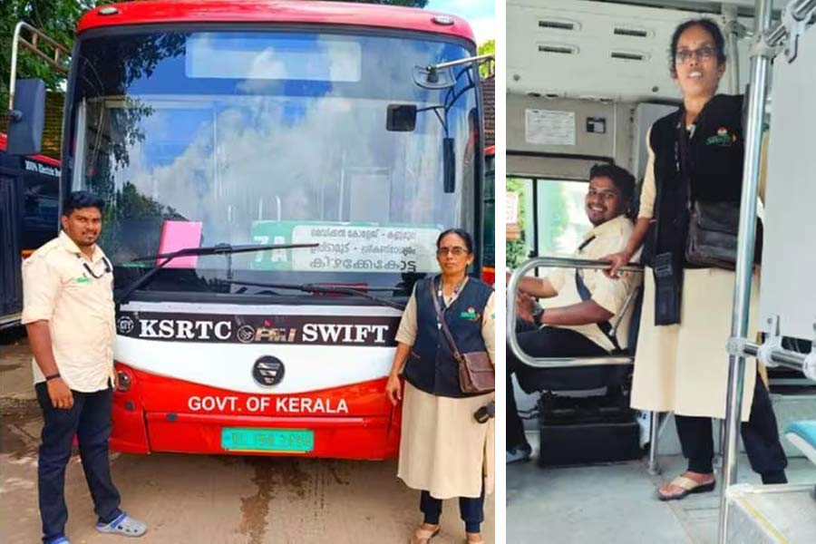 A bus driver drove his first route with his mother serving as the conductor