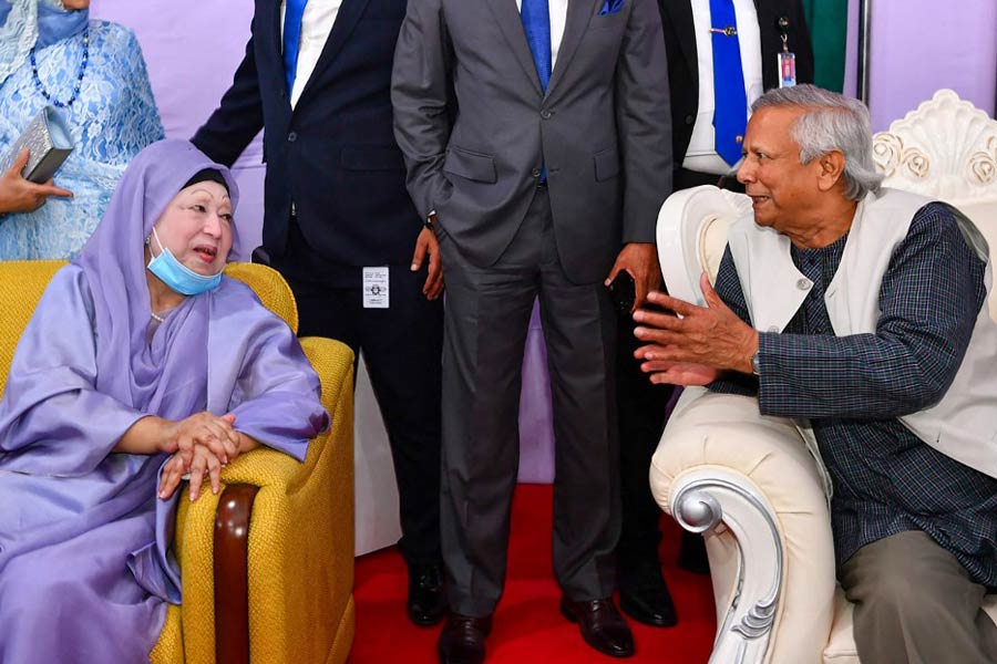 BNP Chairperson Khaleda Zia meets Bangladesh Government chief Advisor Muhammad Yunus at at event at Dhaka dgtl