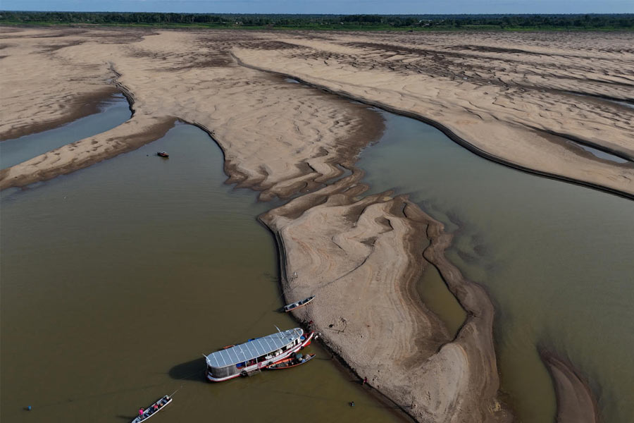 Amazon tributary Solimoes depth drops record low due to severe drought in Brazil 