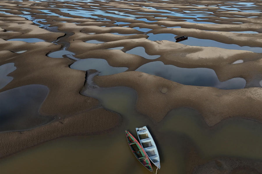 Amazon tributary Solimoes depth drops record low due to severe drought in Brazil 
