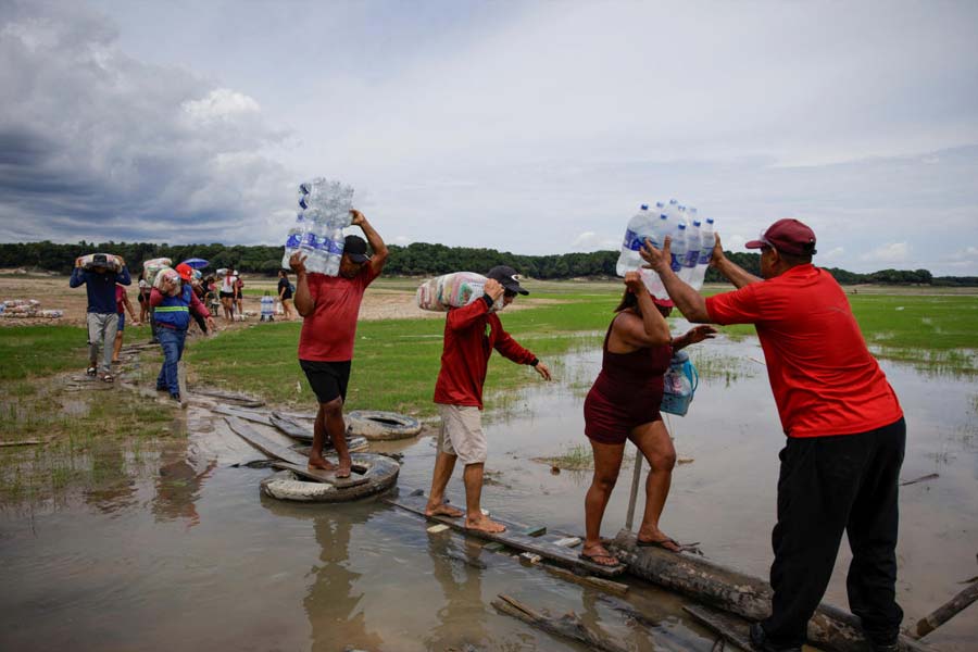 Amazon tributary Solimoes depth drops record low due to severe drought in Brazil 