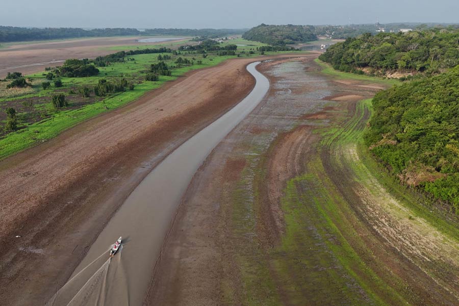 Amazon tributary Solimoes depth drops record low due to severe drought in Brazil 