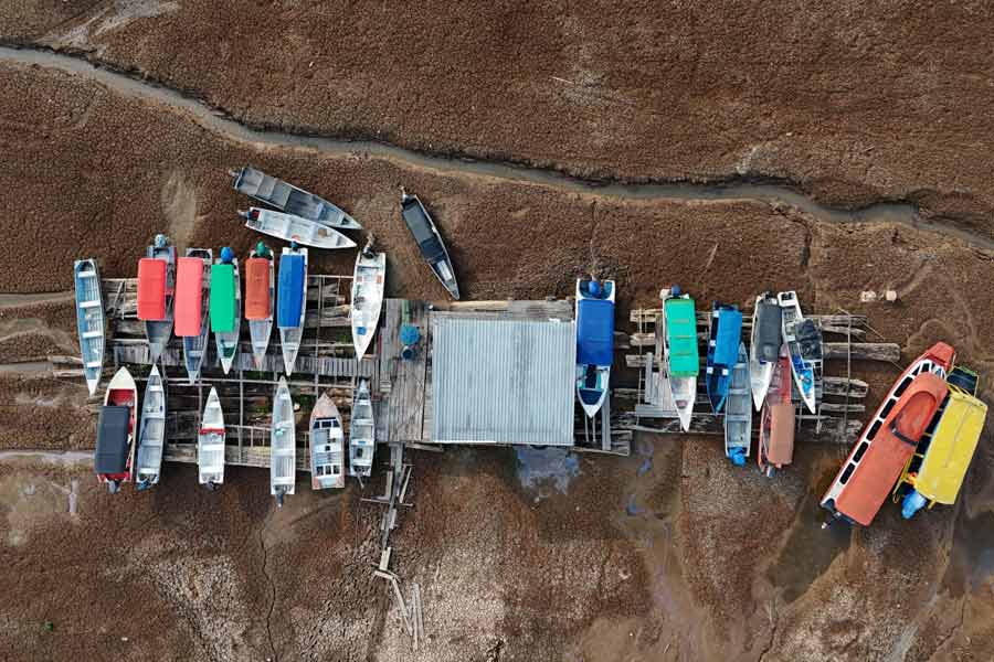 Amazon tributary Solimoes depth drops record low due to severe drought in Brazil 