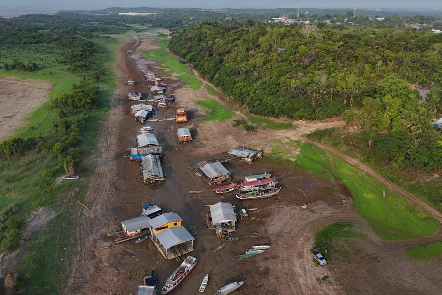 Amazon tributary Solimoes depth drops record low due to severe drought in Brazil 