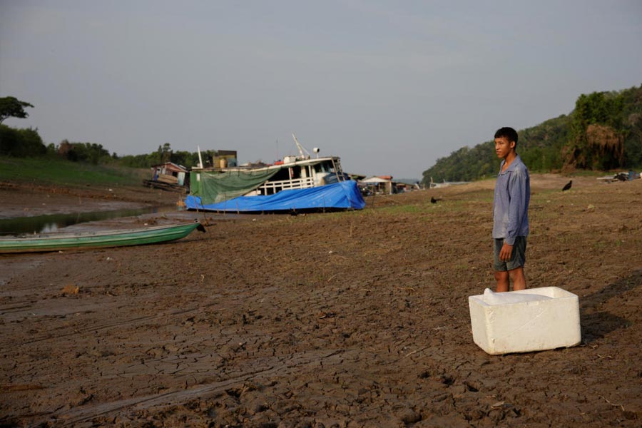 Amazon tributary Solimoes depth drops record low due to severe drought in Brazil 