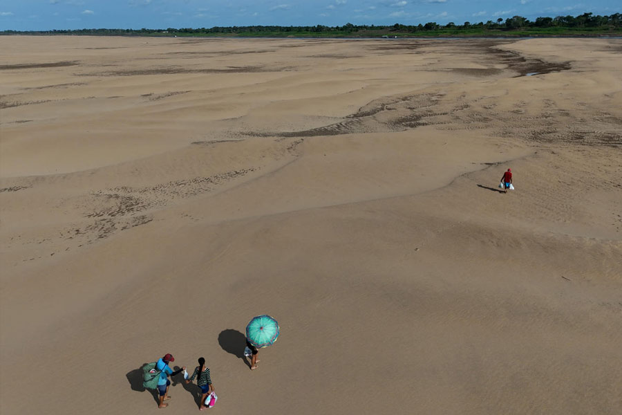 Amazon tributary Solimoes depth drops record low due to severe drought in Brazil 