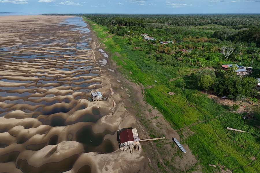 Amazon tributary Solimoes depth drops record low due to severe drought in Brazil 