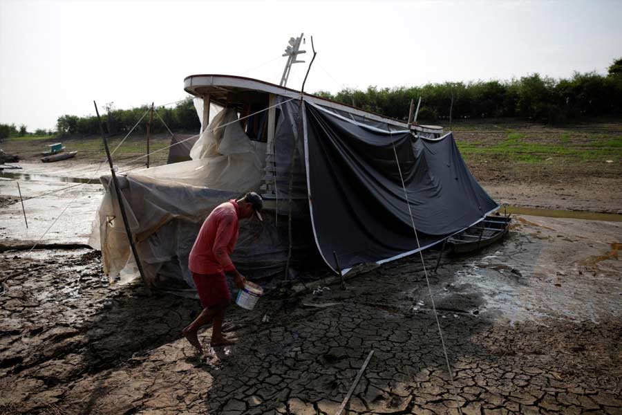 Amazon tributary Solimoes depth drops record low due to severe drought in Brazil 
