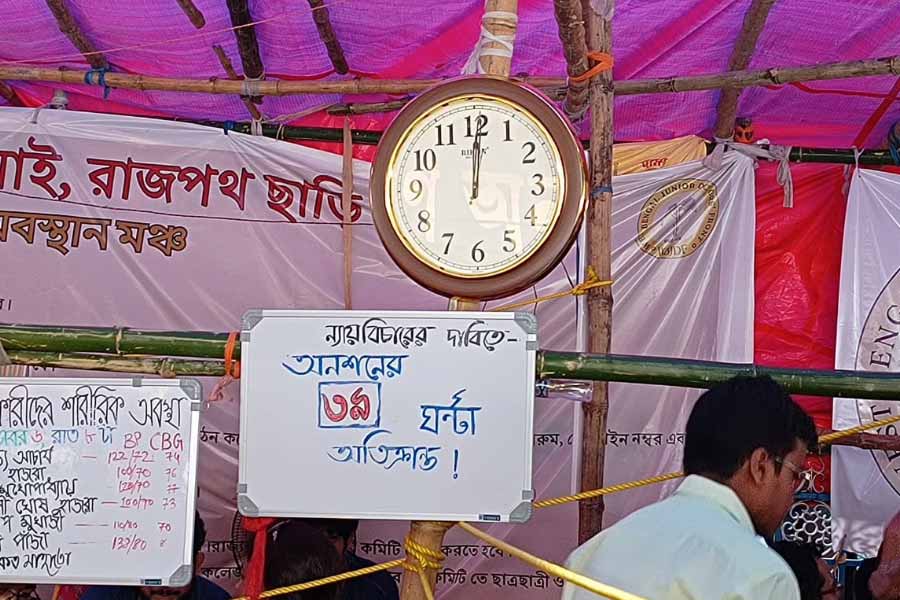 সময়ের হিসাব রাখছেন জুনিয়র ডাক্তারেরা। সোমবার ধর্মতলায়। 