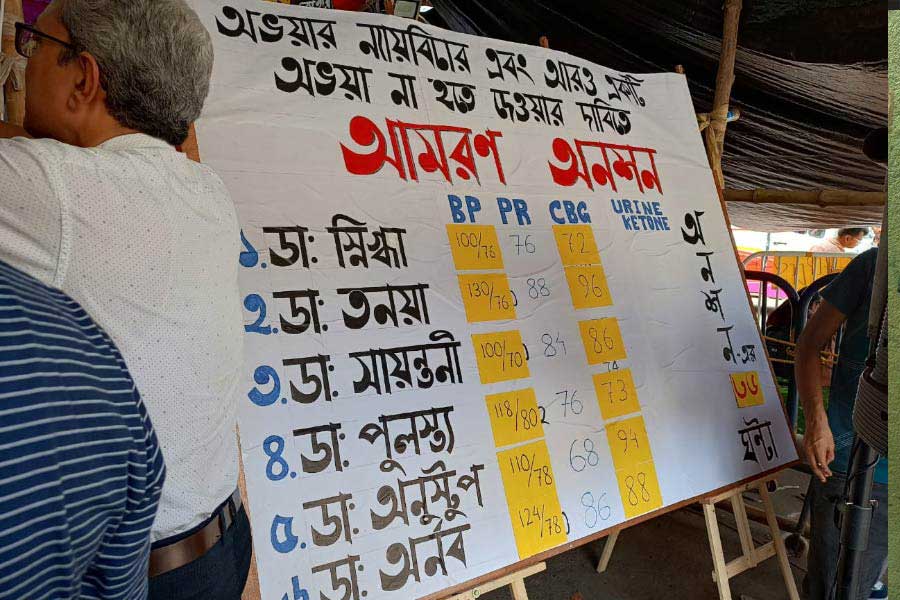 মঞ্চের বোর্ডে টাঙানো হয়েছে ডাক্তারদের রক্তচাপ, সুগারের মাত্রা।